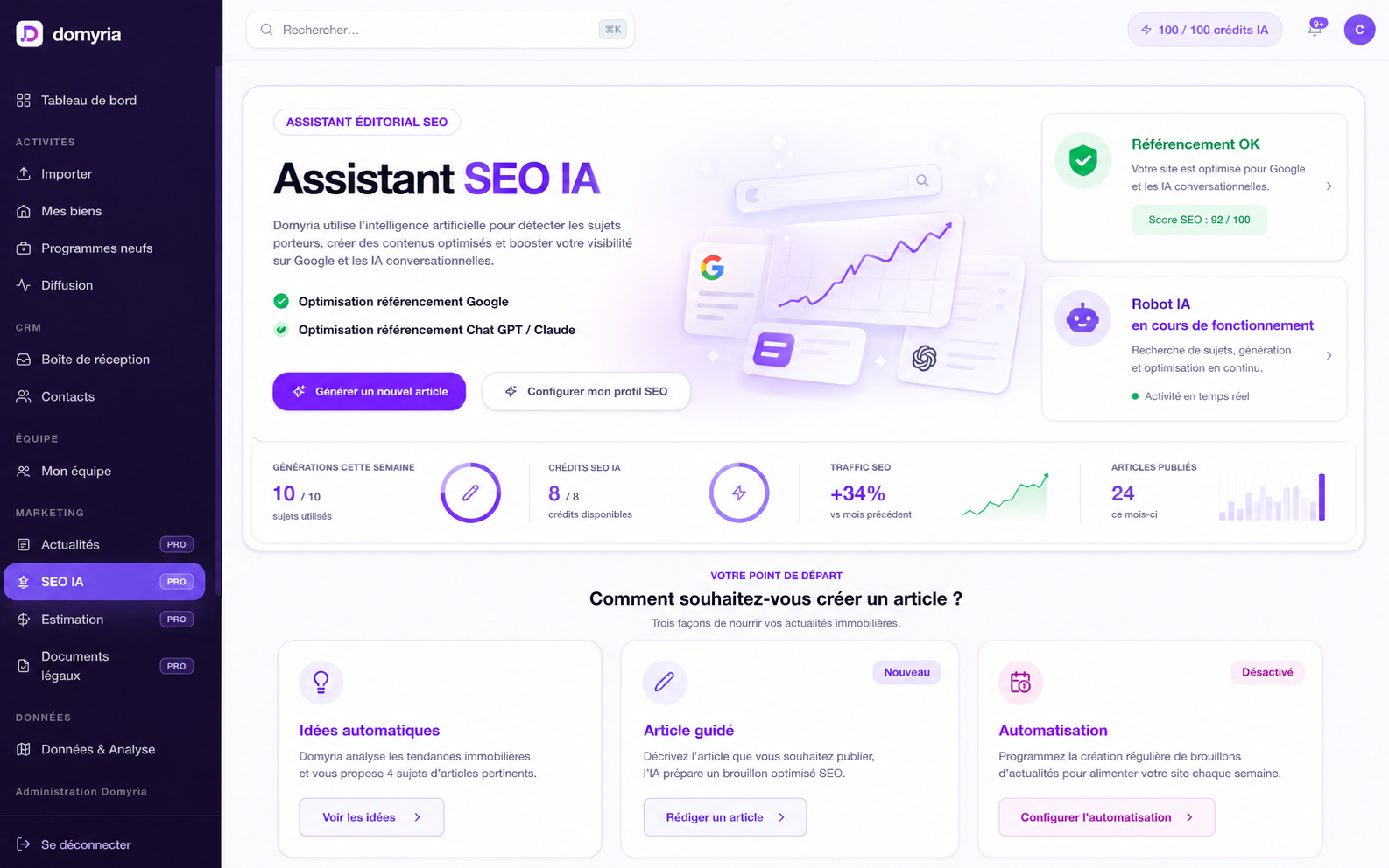 Assistant SEO IA Domyria pour optimiser la visibilité d'un site immobilier